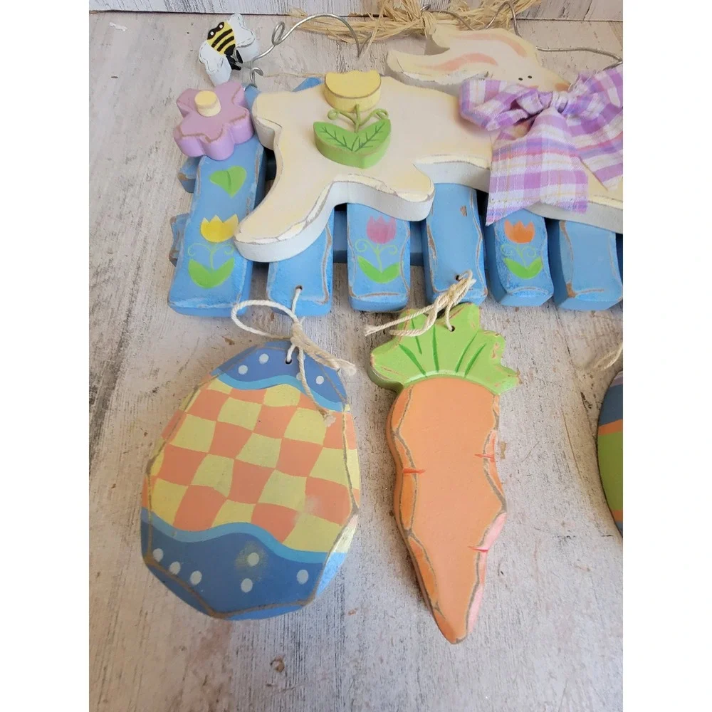 Easter bunny hop spring wooden egg wall hanging home decor flower rabbit